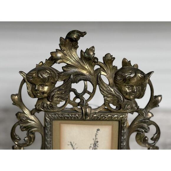 Antique Victorian Heavy Brass Art Nouveau Angels Cherubs Picture Frame Stand - Picture 3 of 8